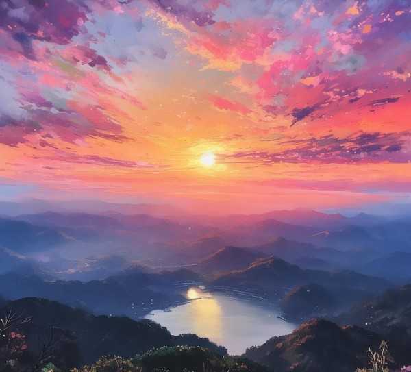 晚霞绚烂，诗意成语中的美丽画卷